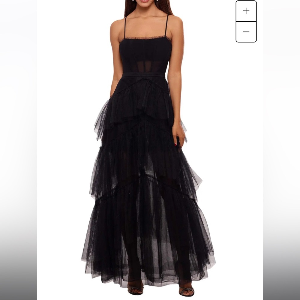 Betsy & Adam Long Corset Tiered Mesh Illusion Gown (black)